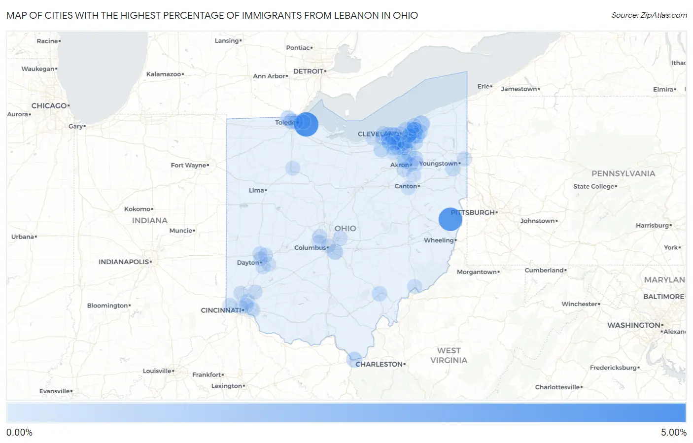 Cities with the Highest Percentage of Immigrants from Lebanon in Ohio Map