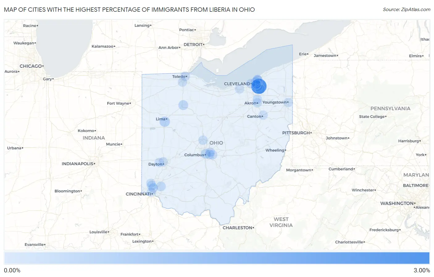 Cities with the Highest Percentage of Immigrants from Liberia in Ohio Map