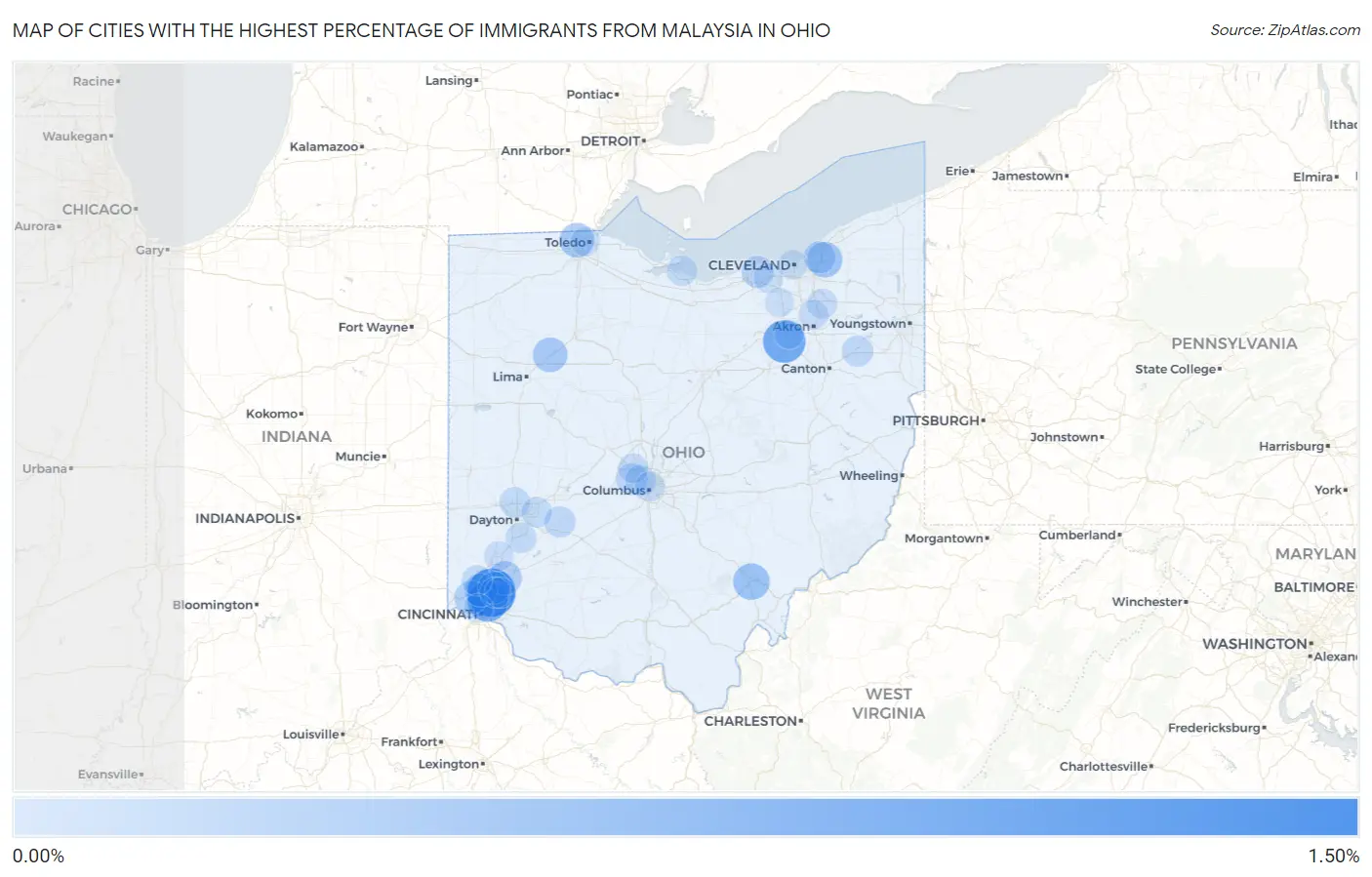 Cities with the Highest Percentage of Immigrants from Malaysia in Ohio Map