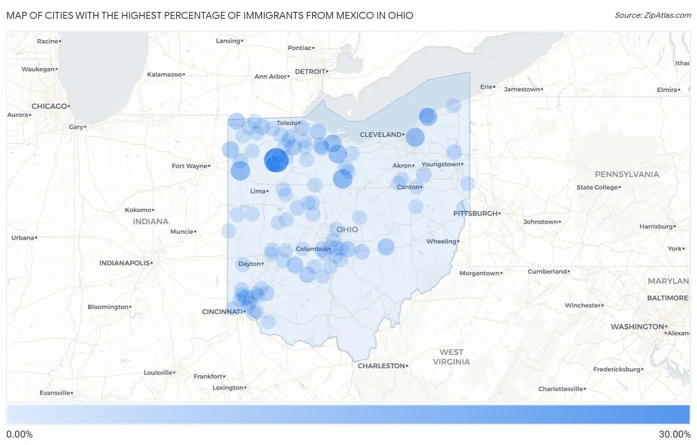 Cities with the Highest Percentage of Immigrants from Mexico in Ohio Map