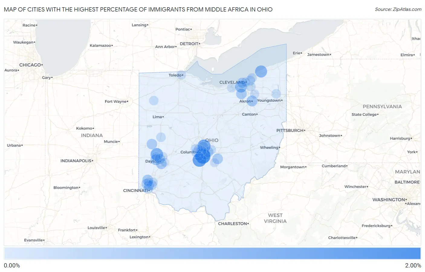 Cities with the Highest Percentage of Immigrants from Middle Africa in Ohio Map