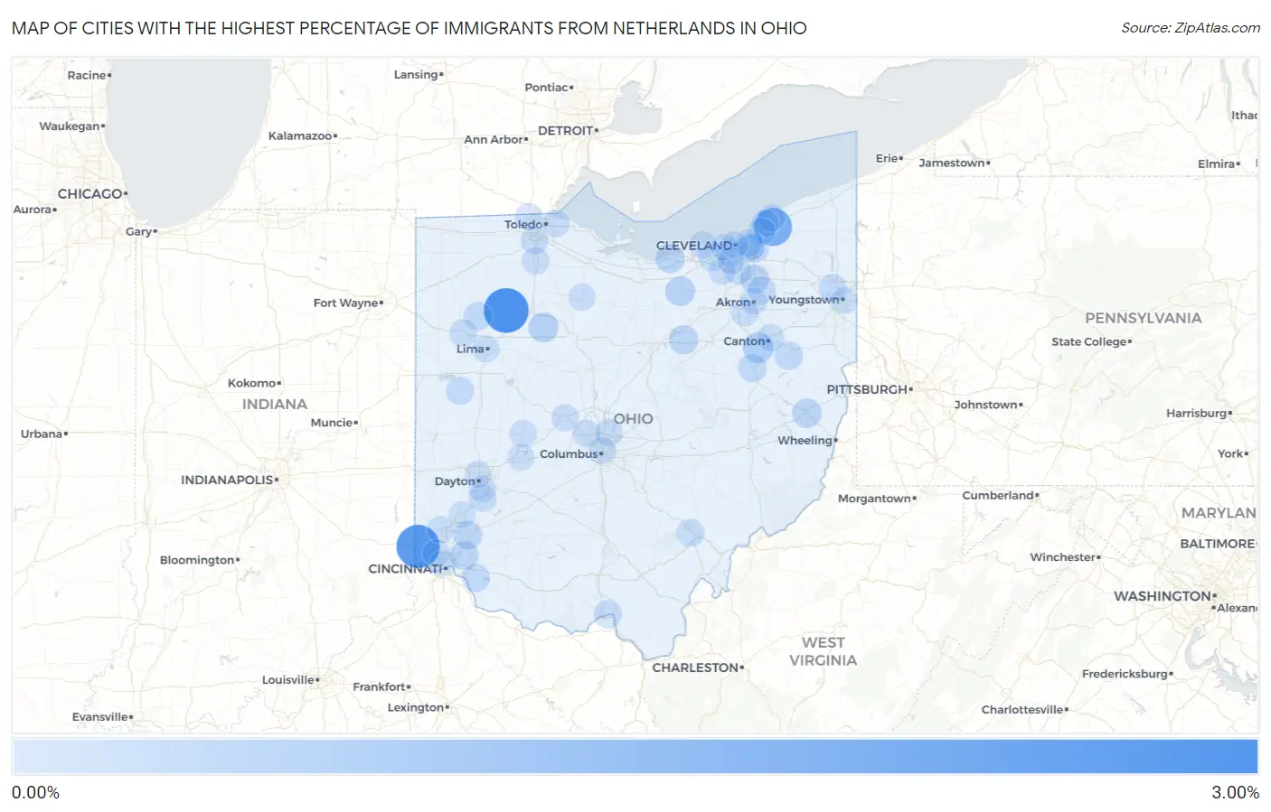 Cities with the Highest Percentage of Immigrants from Netherlands in Ohio Map