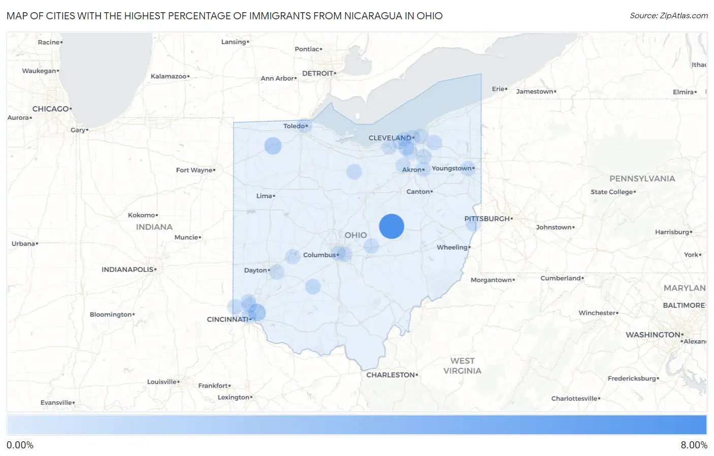 Cities with the Highest Percentage of Immigrants from Nicaragua in Ohio Map