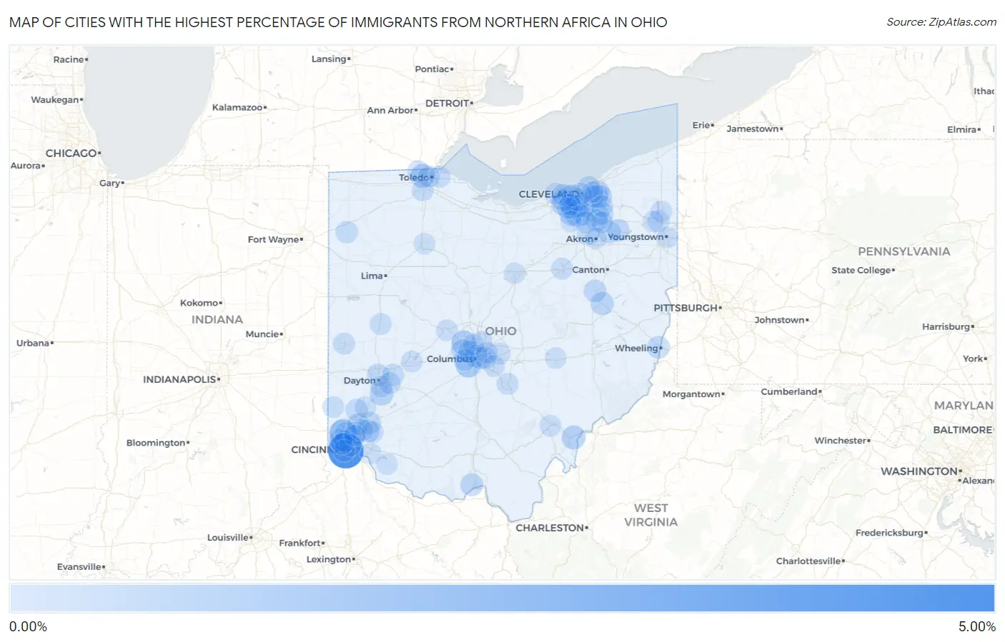 Cities with the Highest Percentage of Immigrants from Northern Africa in Ohio Map