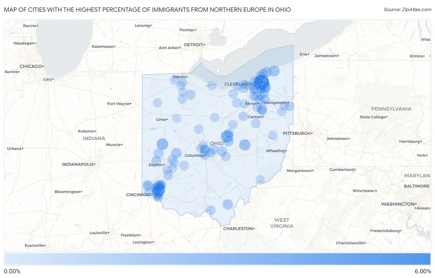 Cities with the Highest Percentage of Immigrants from Northern Europe in Ohio Map