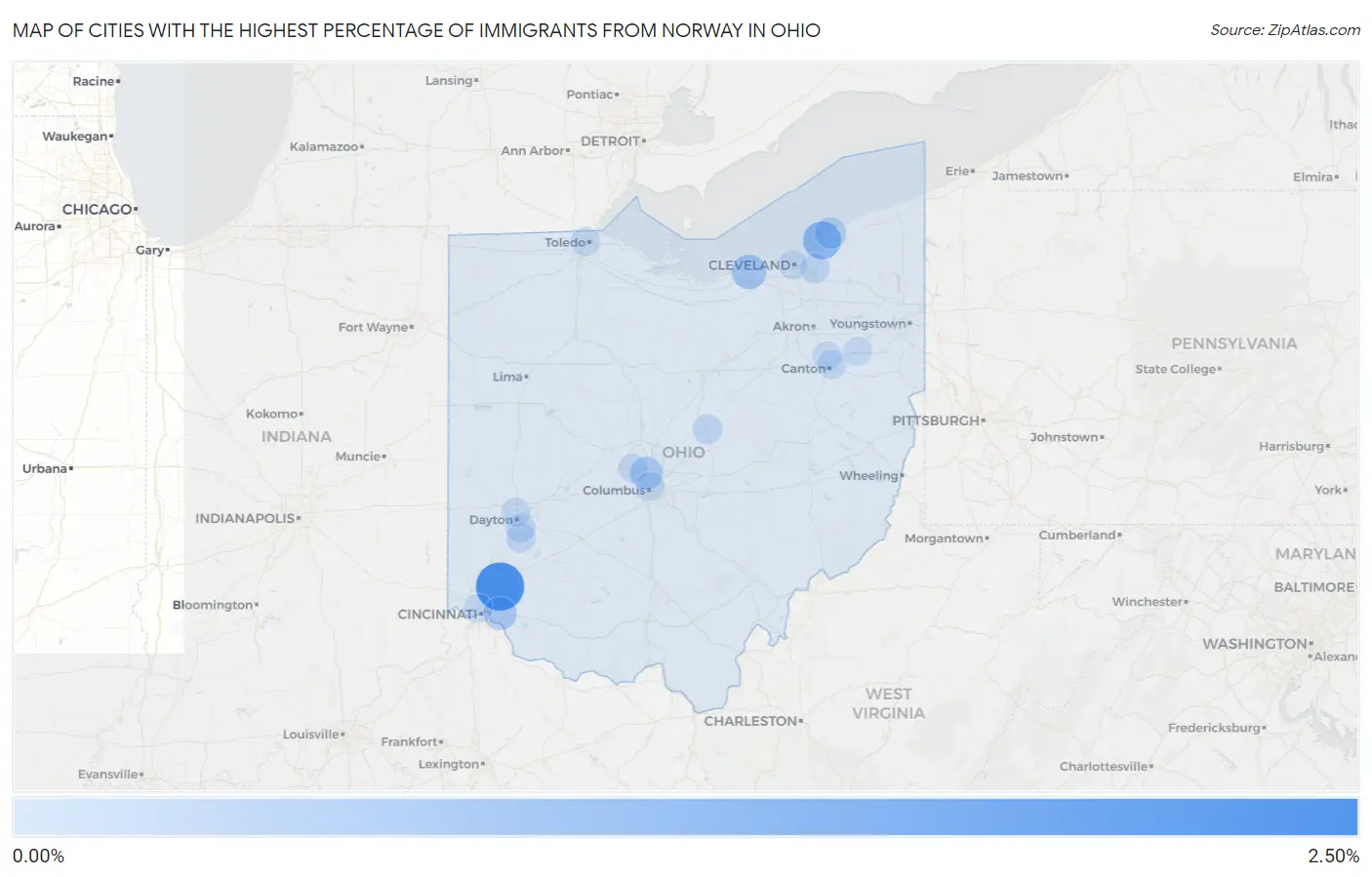 Cities with the Highest Percentage of Immigrants from Norway in Ohio Map