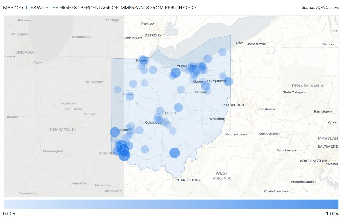 Cities with the Highest Percentage of Immigrants from Peru in Ohio Map