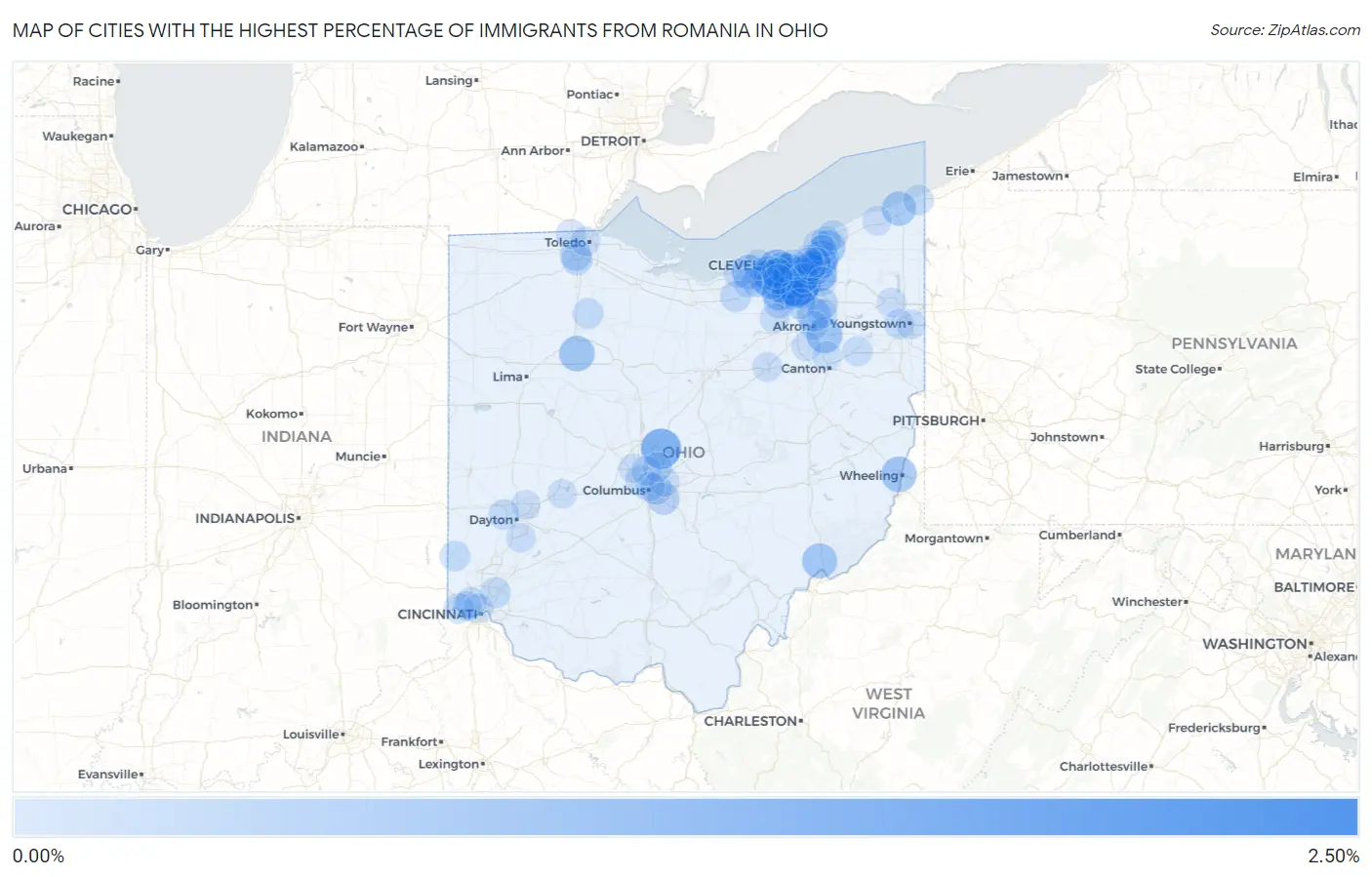 Cities with the Highest Percentage of Immigrants from Romania in Ohio Map