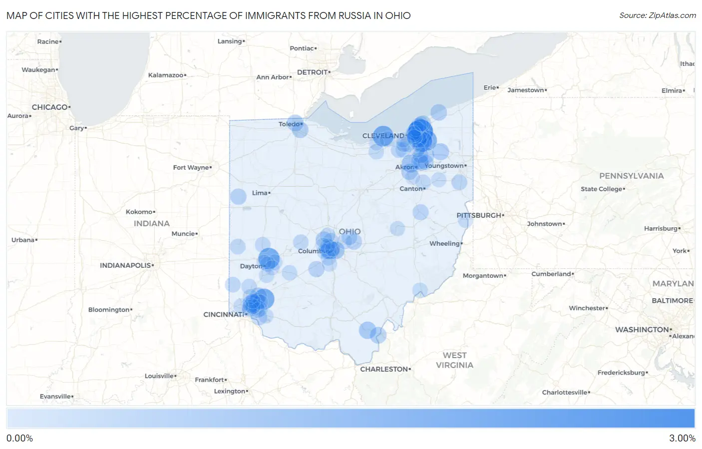 Cities with the Highest Percentage of Immigrants from Russia in Ohio Map
