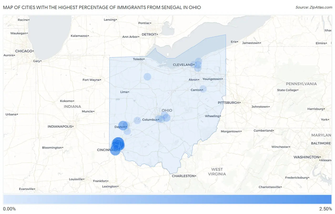 Cities with the Highest Percentage of Immigrants from Senegal in Ohio Map