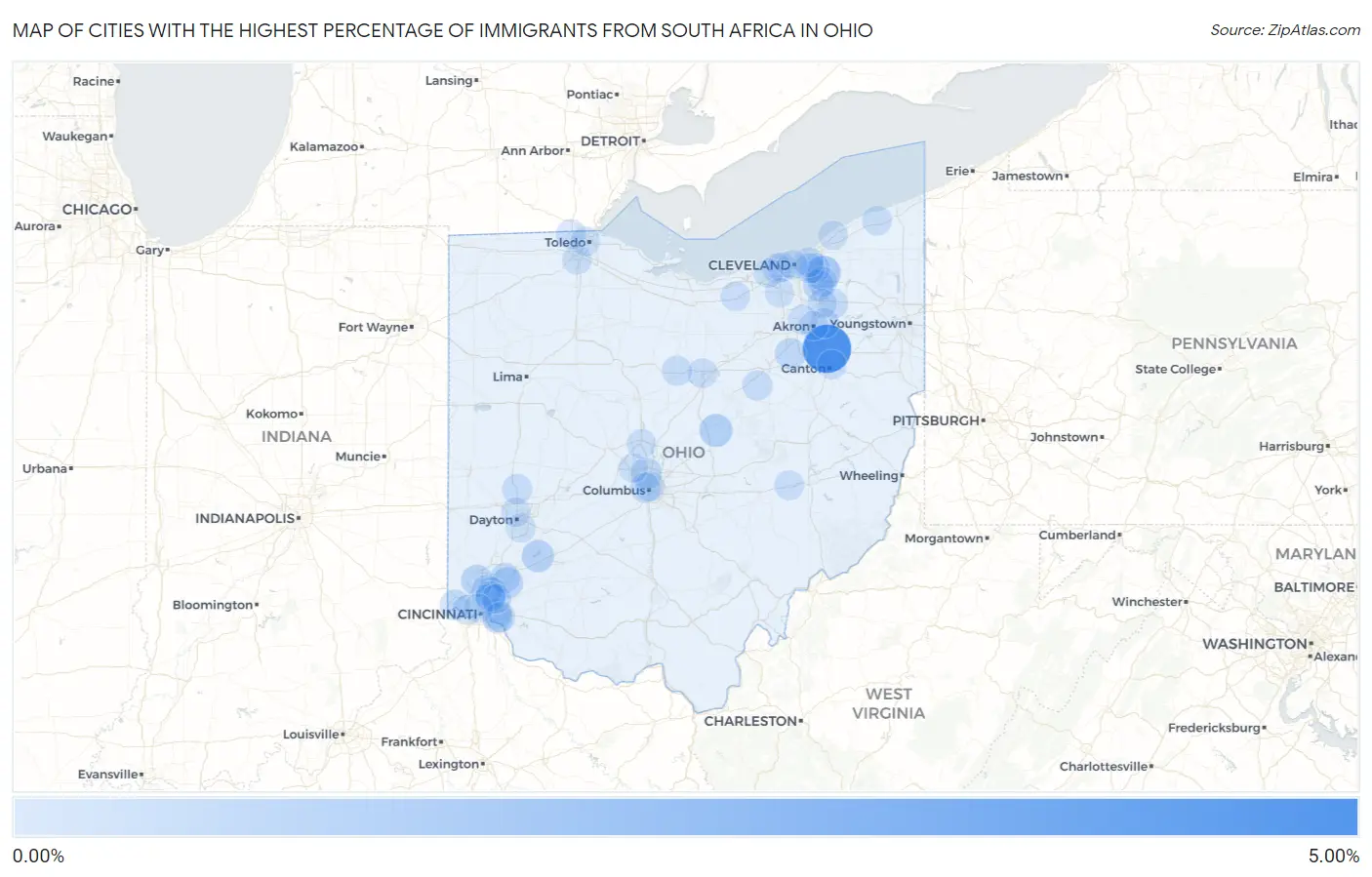 Cities with the Highest Percentage of Immigrants from South Africa in Ohio Map