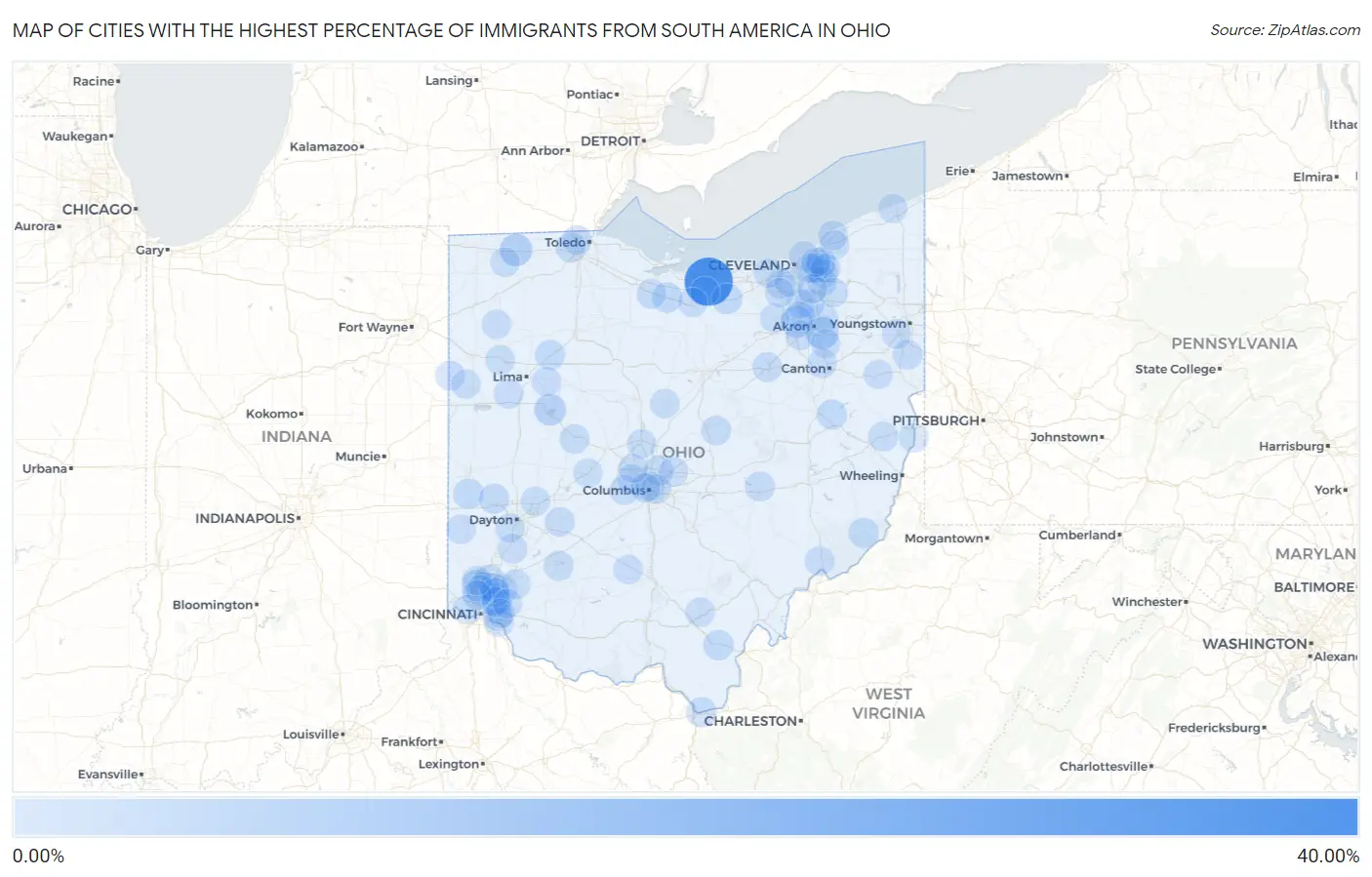 Cities with the Highest Percentage of Immigrants from South America in Ohio Map