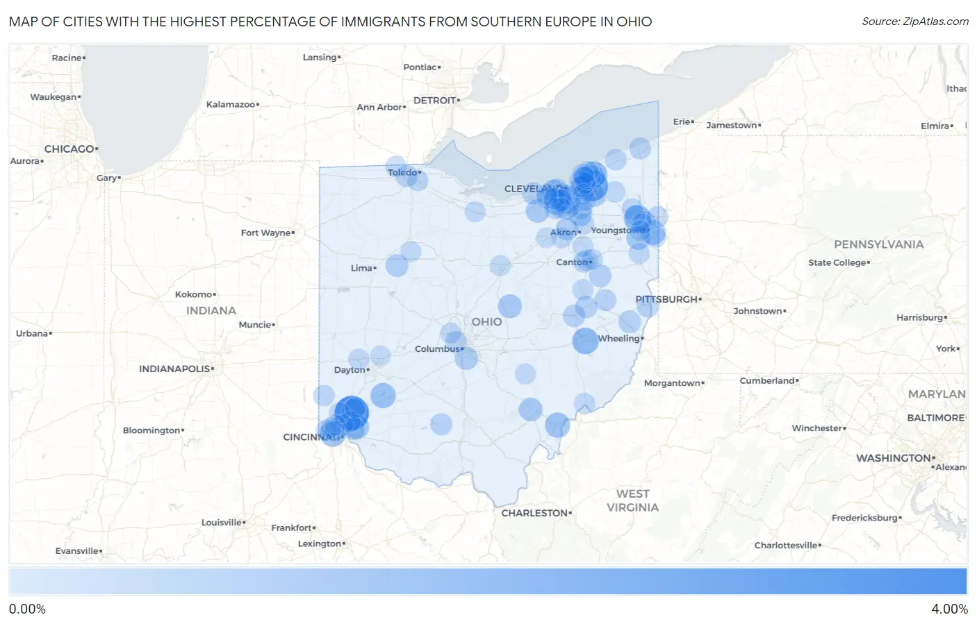 Cities with the Highest Percentage of Immigrants from Southern Europe in Ohio Map