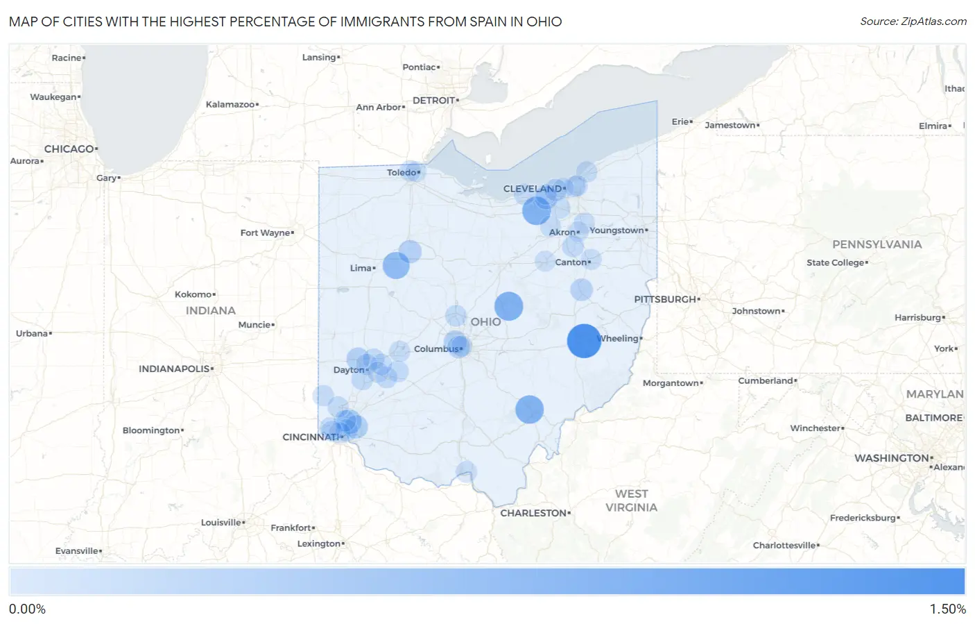 Cities with the Highest Percentage of Immigrants from Spain in Ohio Map