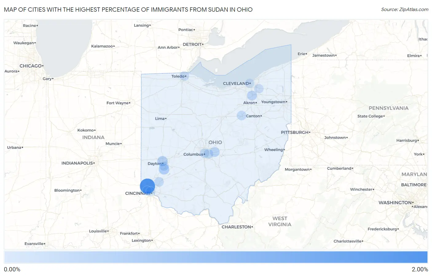 Cities with the Highest Percentage of Immigrants from Sudan in Ohio Map