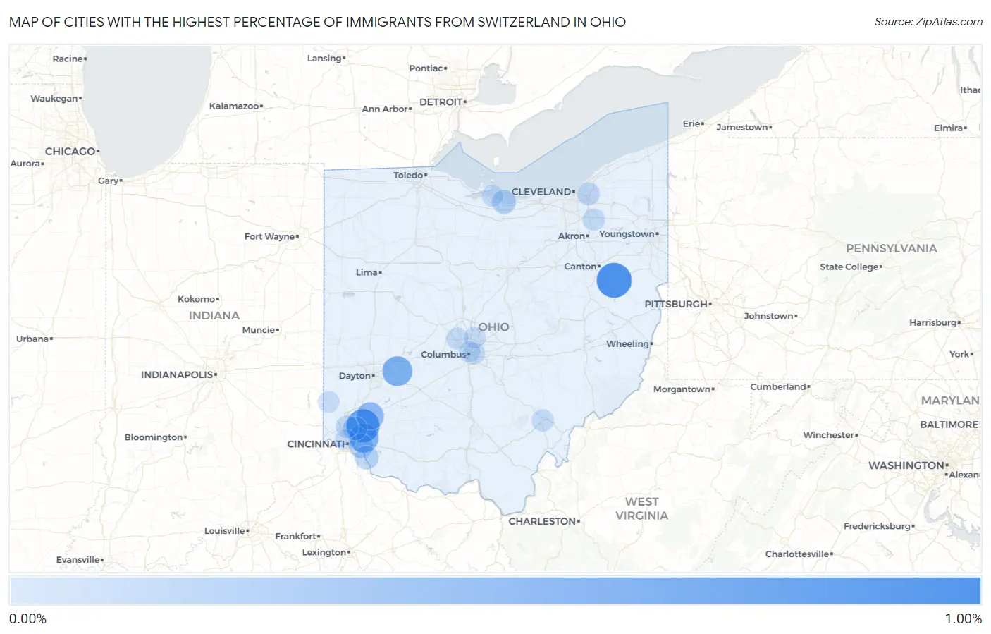 Cities with the Highest Percentage of Immigrants from Switzerland in Ohio Map