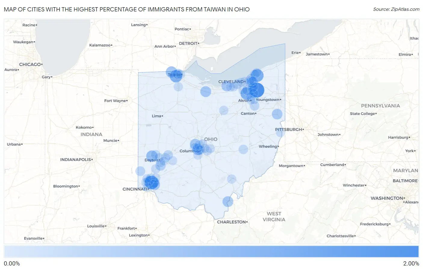 Cities with the Highest Percentage of Immigrants from Taiwan in Ohio Map