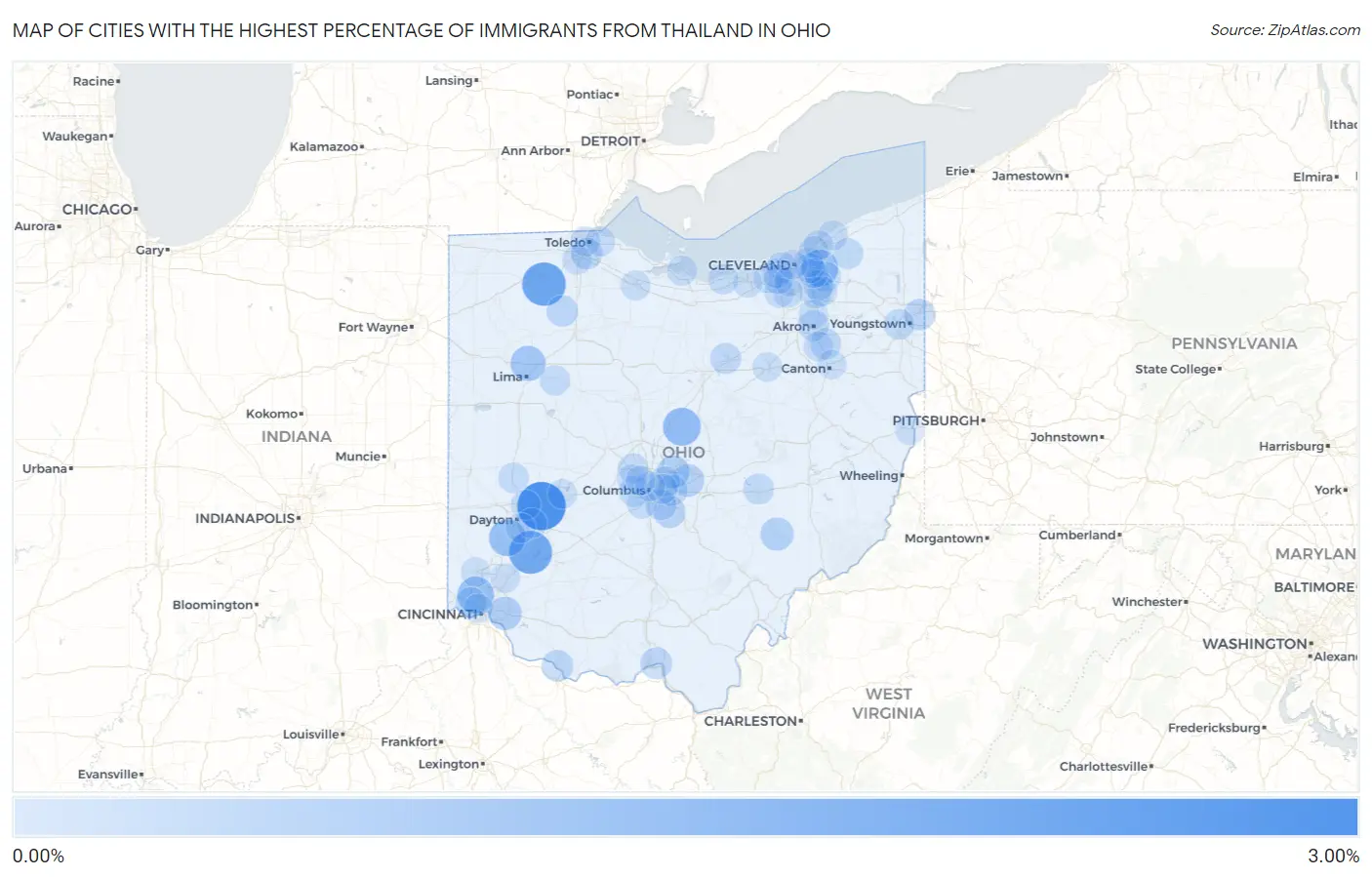 Cities with the Highest Percentage of Immigrants from Thailand in Ohio Map