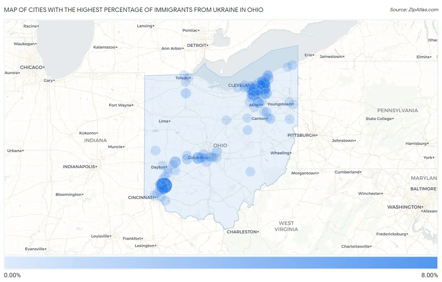 Cities with the Highest Percentage of Immigrants from Ukraine in Ohio Map