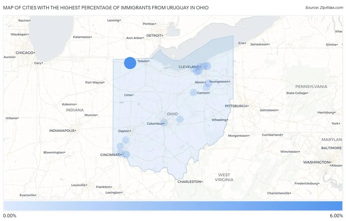 Cities with the Highest Percentage of Immigrants from Uruguay in Ohio Map