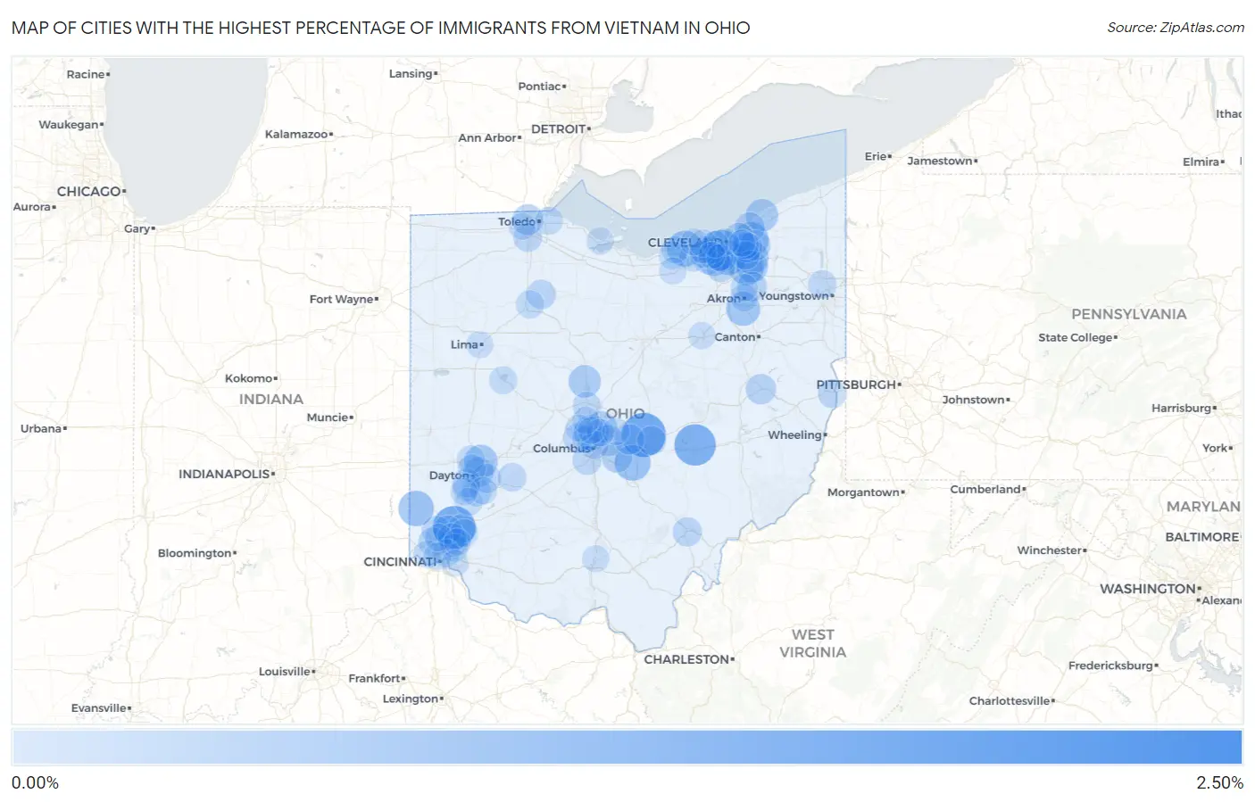 Cities with the Highest Percentage of Immigrants from Vietnam in Ohio Map