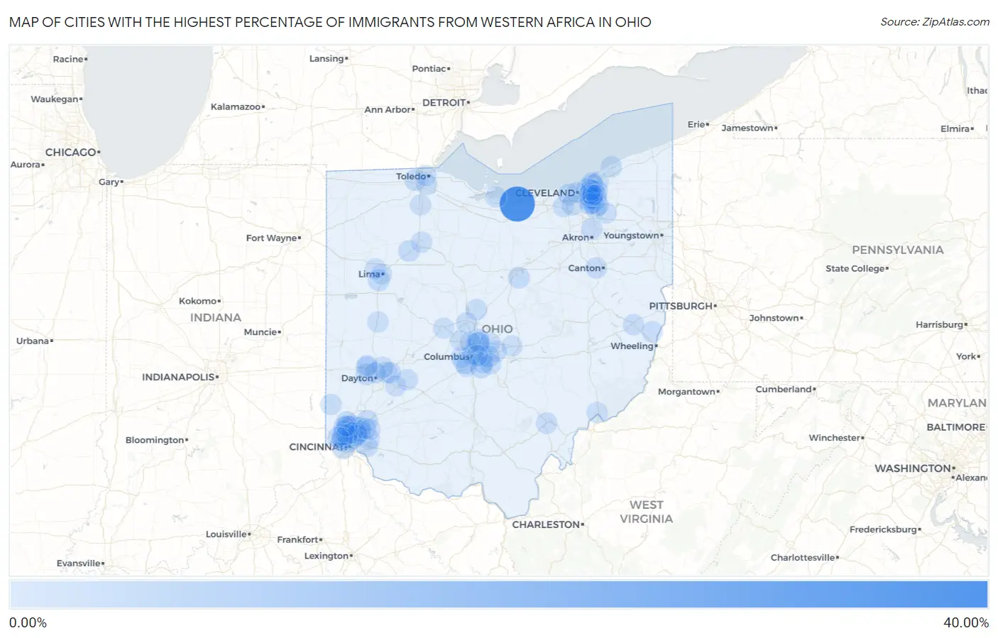Cities with the Highest Percentage of Immigrants from Western Africa in Ohio Map