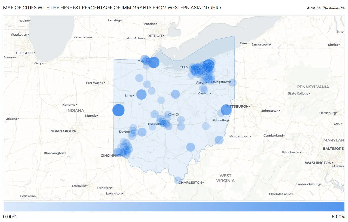 Cities with the Highest Percentage of Immigrants from Western Asia in Ohio Map