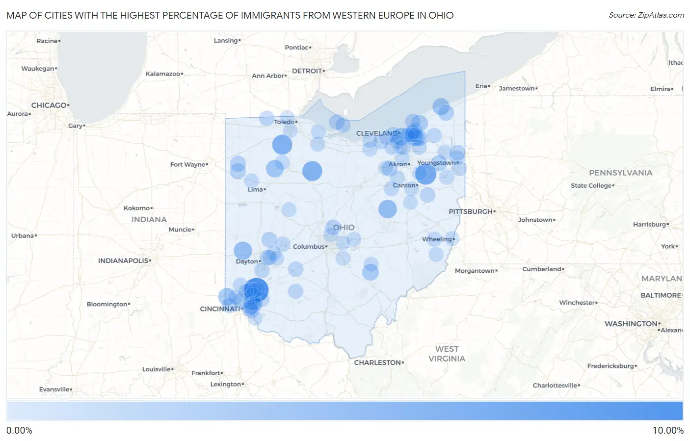 Cities with the Highest Percentage of Immigrants from Western Europe in Ohio Map