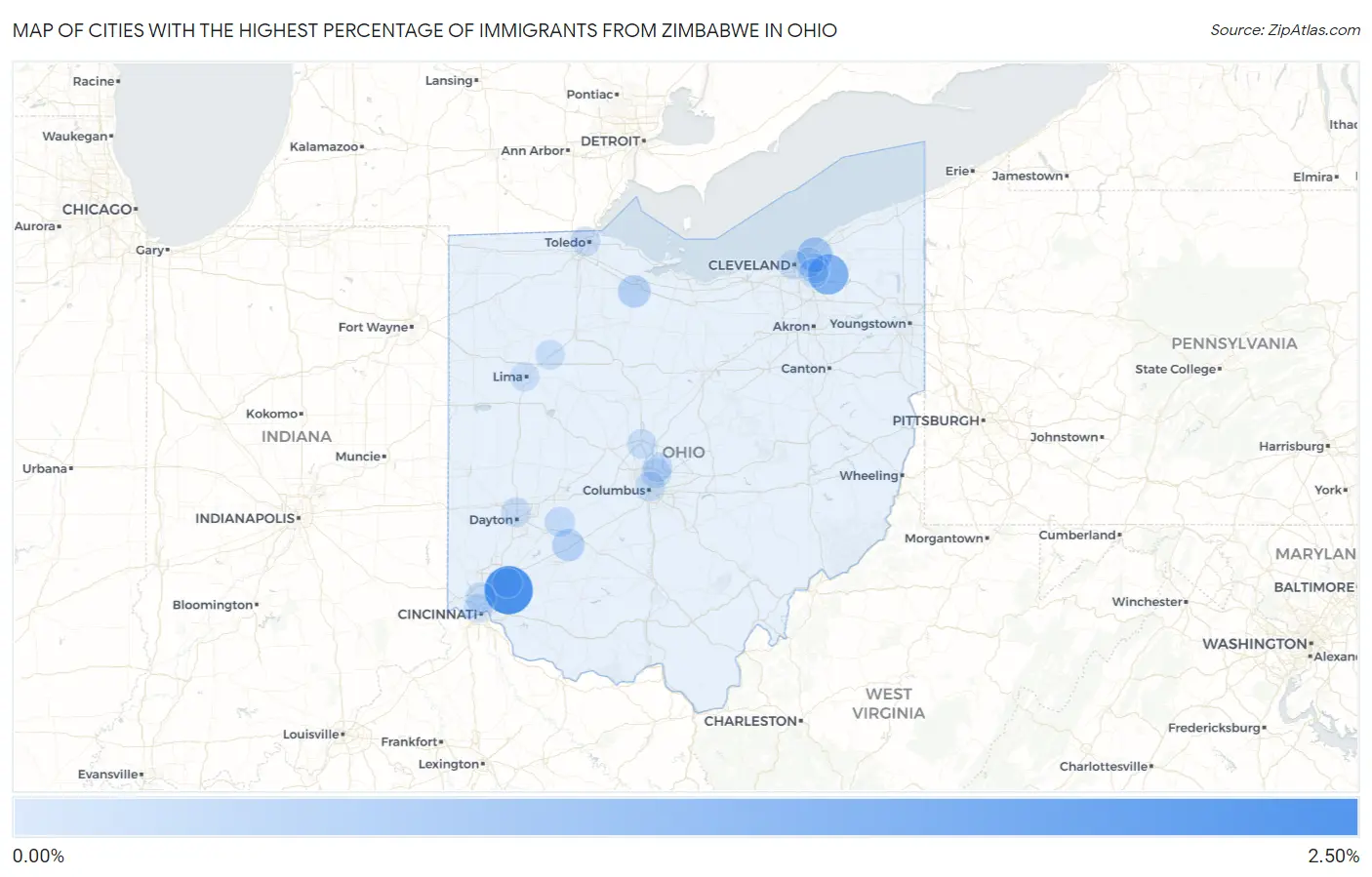 Cities with the Highest Percentage of Immigrants from Zimbabwe in Ohio Map