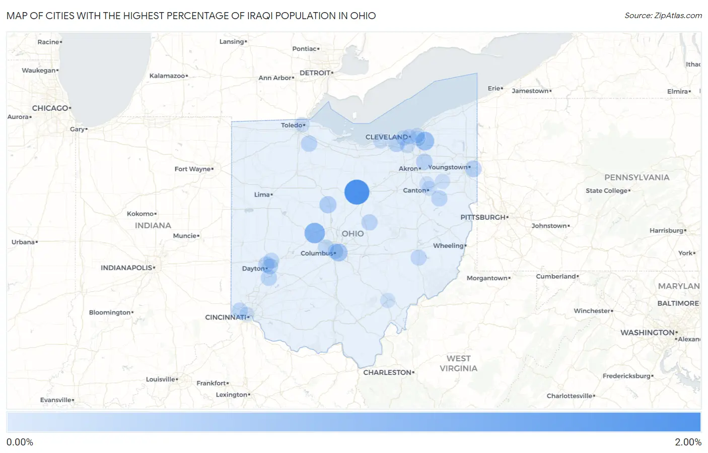 Cities with the Highest Percentage of Iraqi Population in Ohio Map