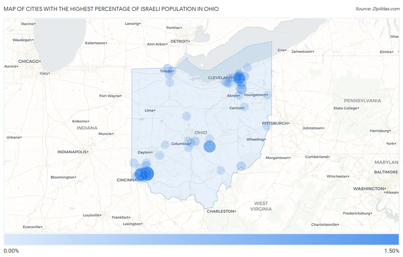 Cities with the Highest Percentage of Israeli Population in Ohio Map