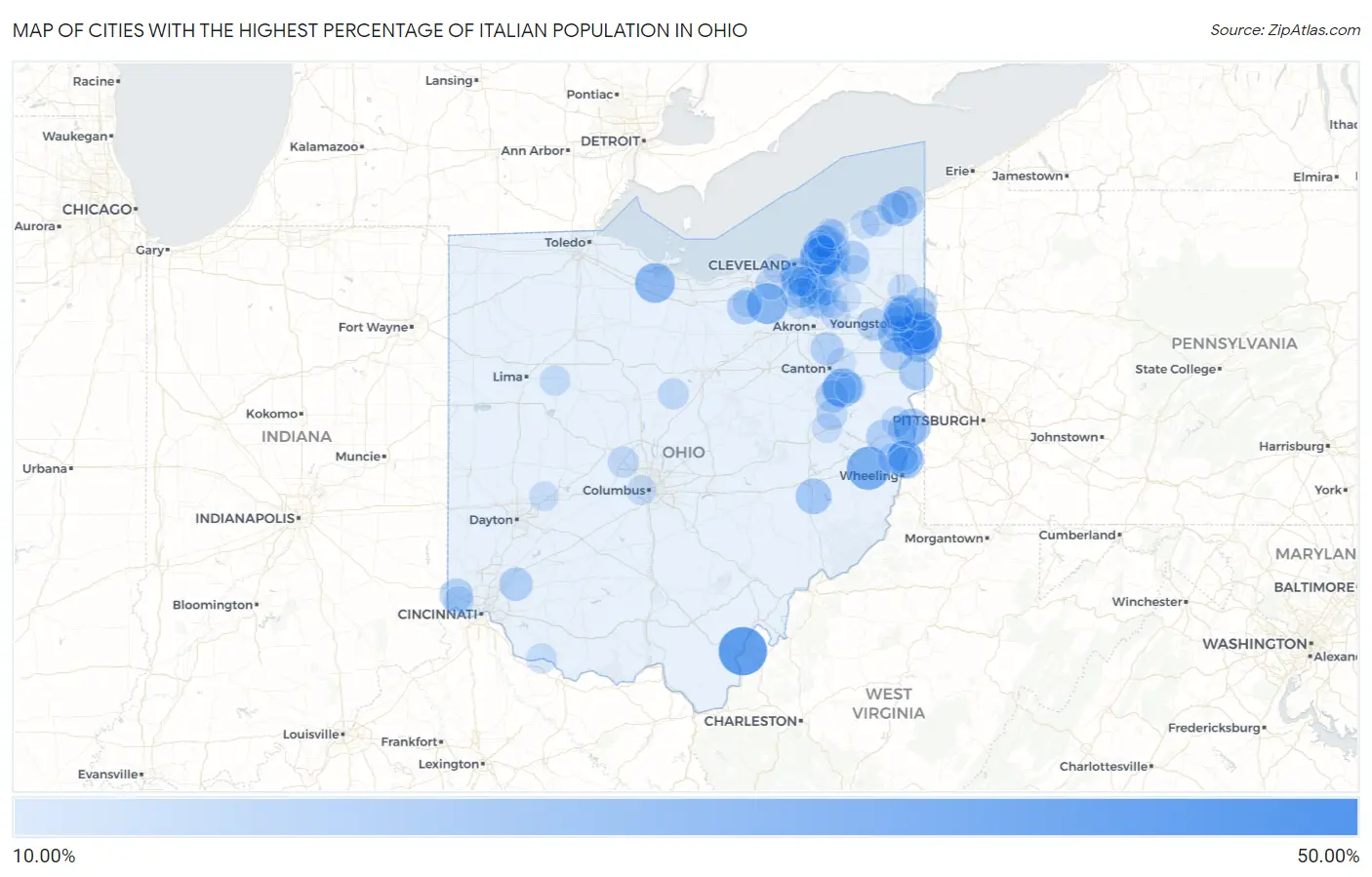 Cities with the Highest Percentage of Italian Population in Ohio Map