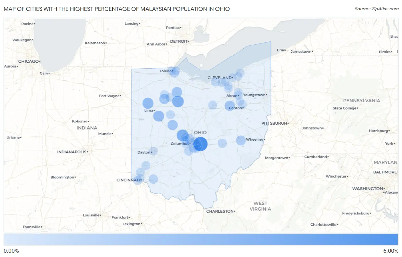 Cities with the Highest Percentage of Malaysian Population in Ohio Map