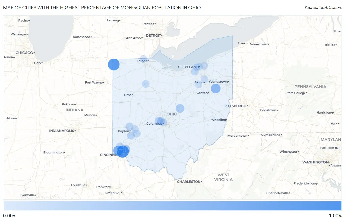 Cities with the Highest Percentage of Mongolian Population in Ohio Map