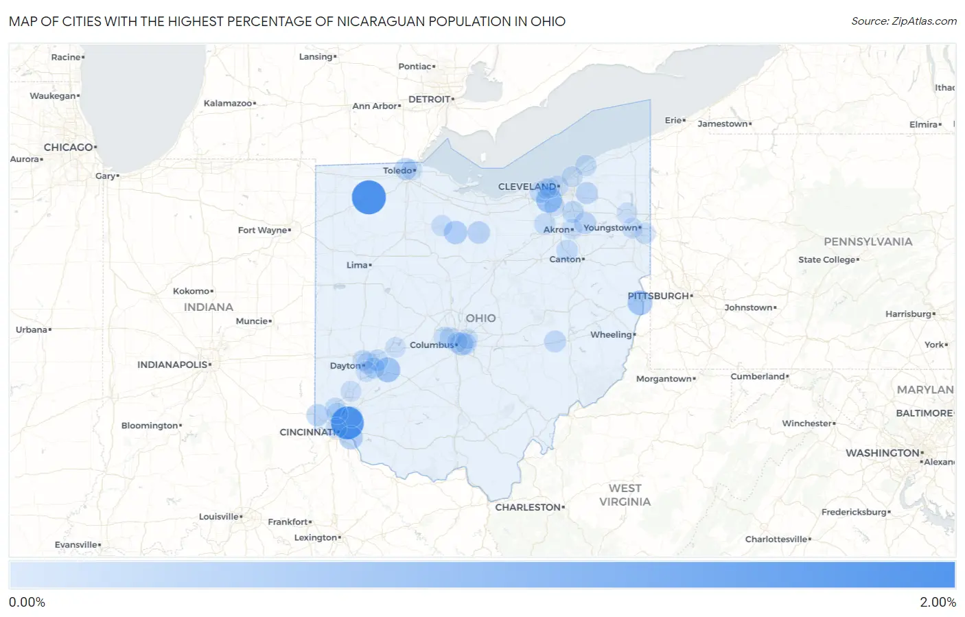 Cities with the Highest Percentage of Nicaraguan Population in Ohio Map