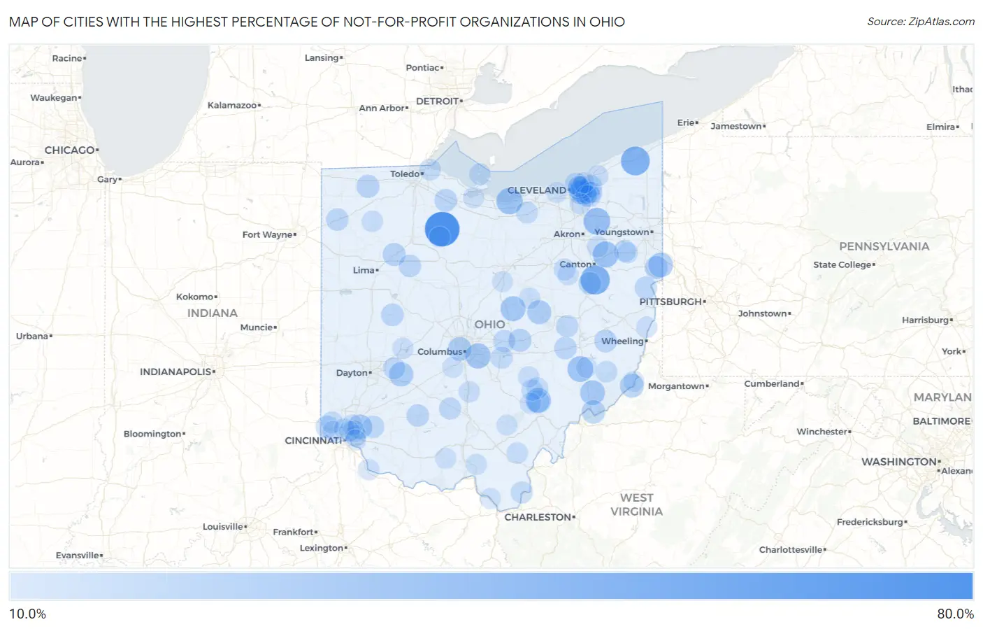 Cities with the Highest Percentage of Not-for-profit Organizations in Ohio Map