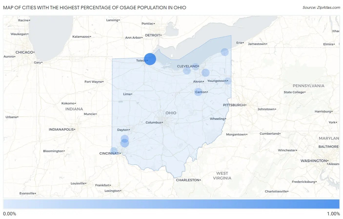 Cities with the Highest Percentage of Osage Population in Ohio Map