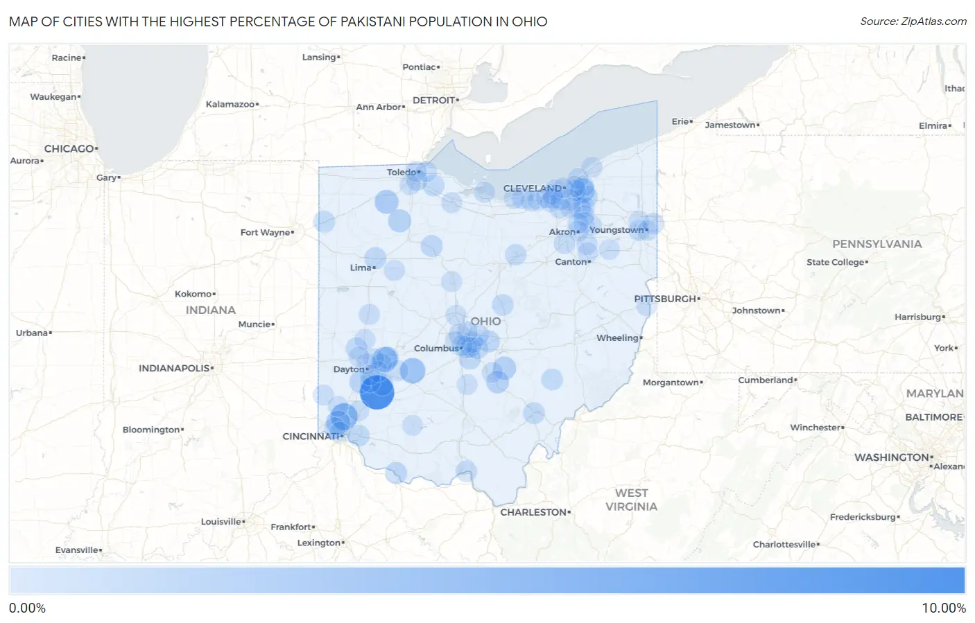 Cities with the Highest Percentage of Pakistani Population in Ohio Map