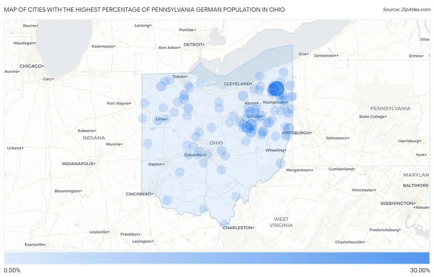 Cities with the Highest Percentage of Pennsylvania German Population in Ohio Map