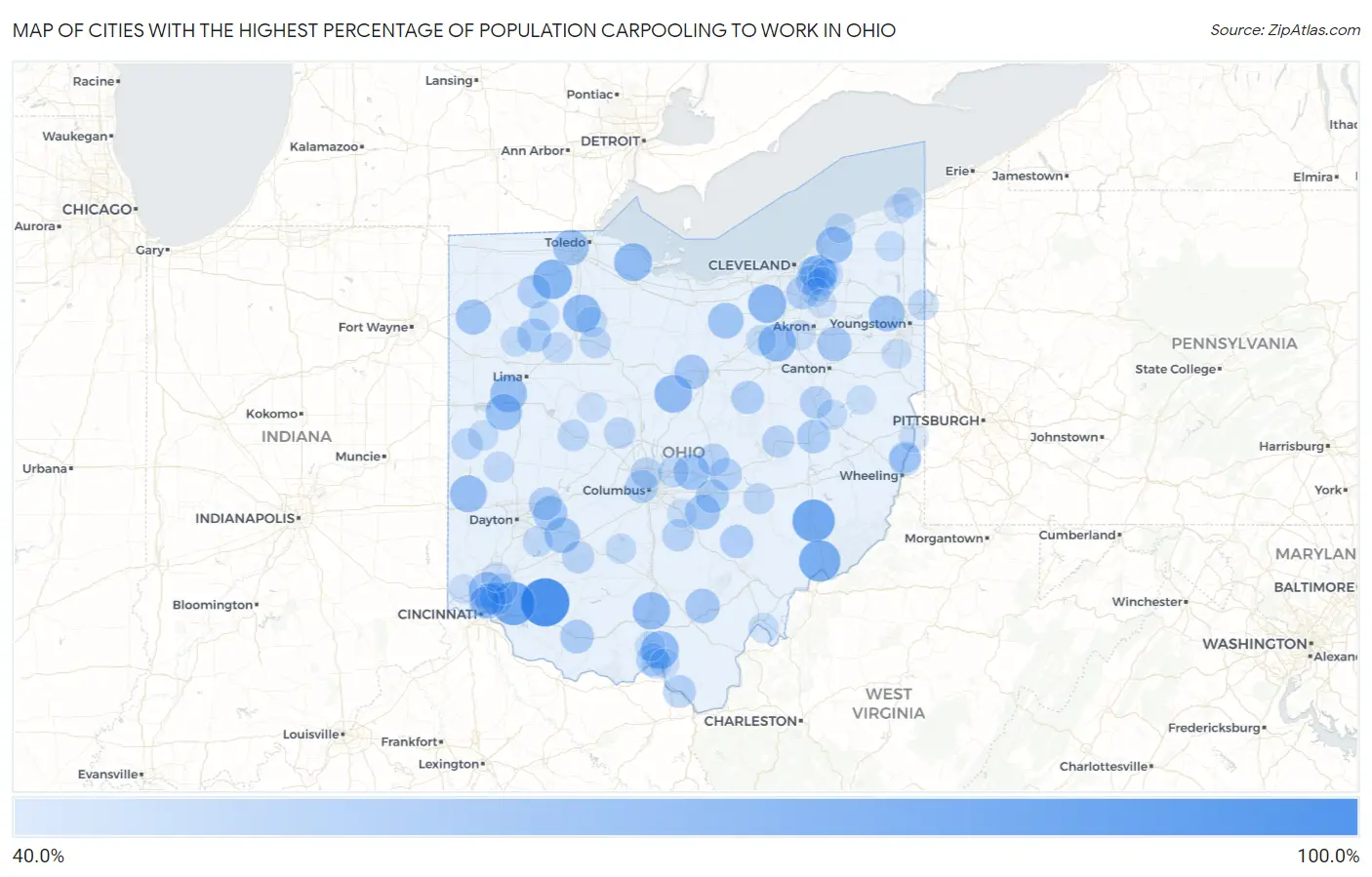 Cities with the Highest Percentage of Population Carpooling to Work in Ohio Map