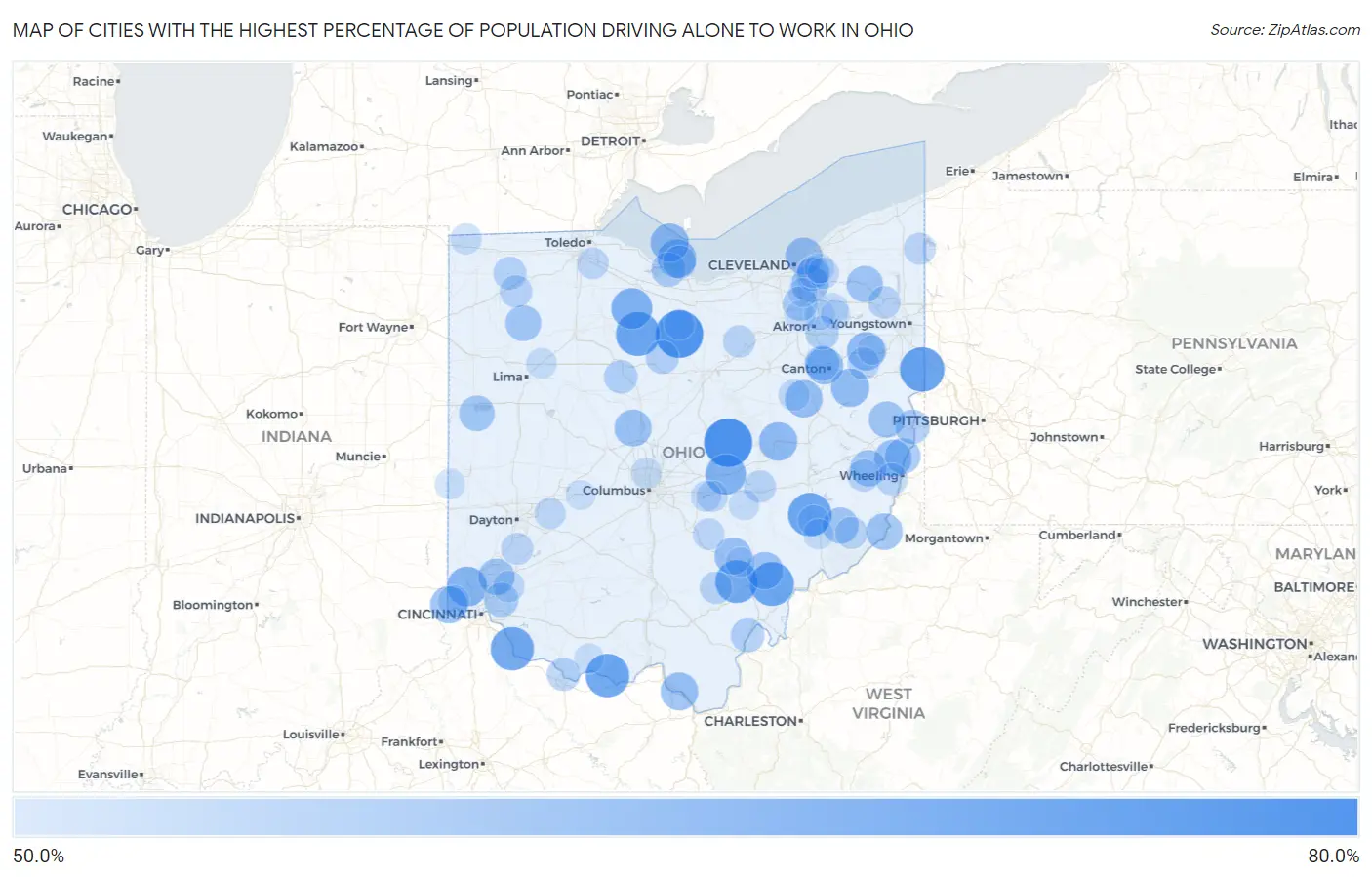 Cities with the Highest Percentage of Population Driving Alone to Work in Ohio Map