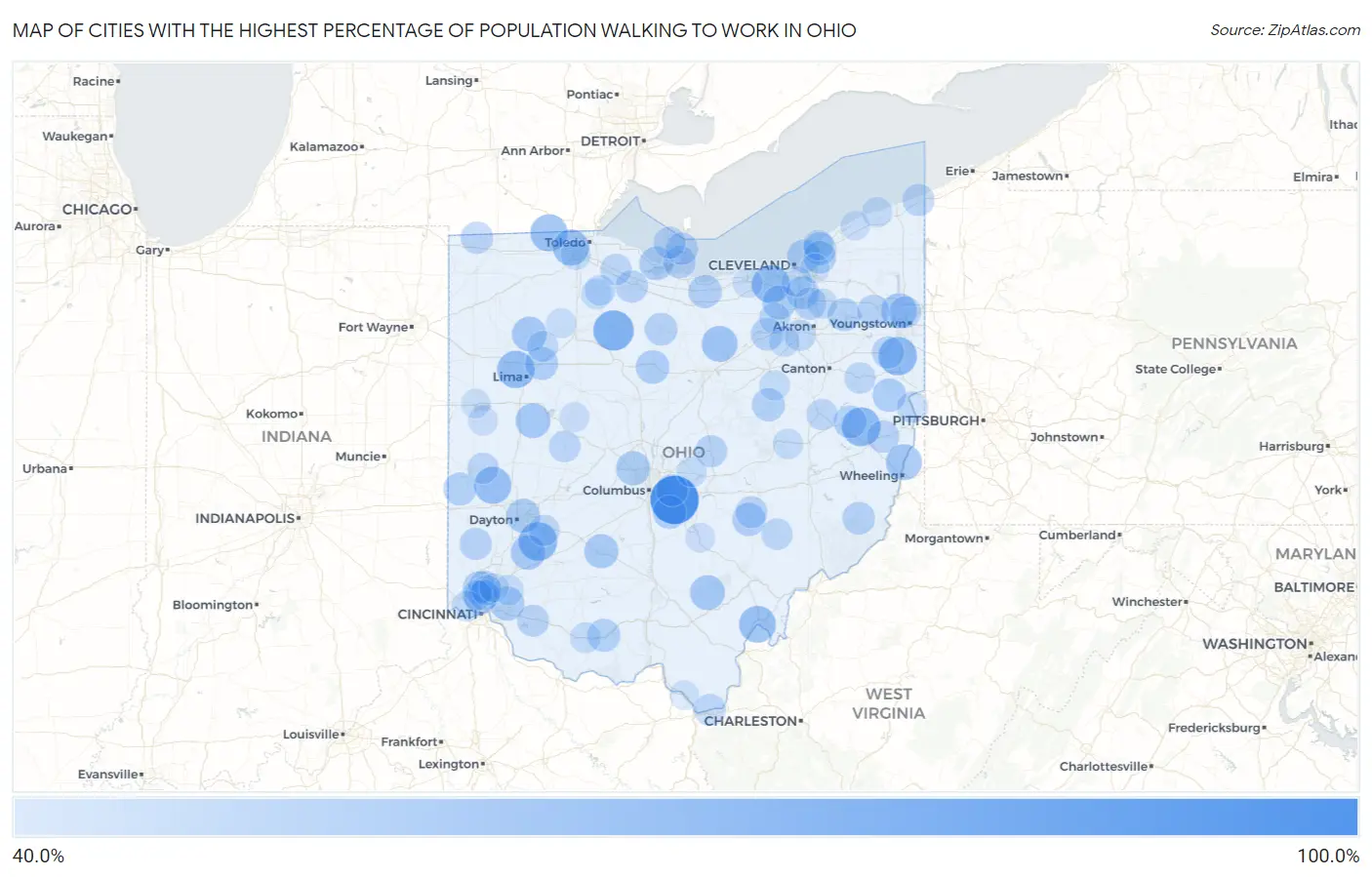Cities with the Highest Percentage of Population Walking to Work in Ohio Map
