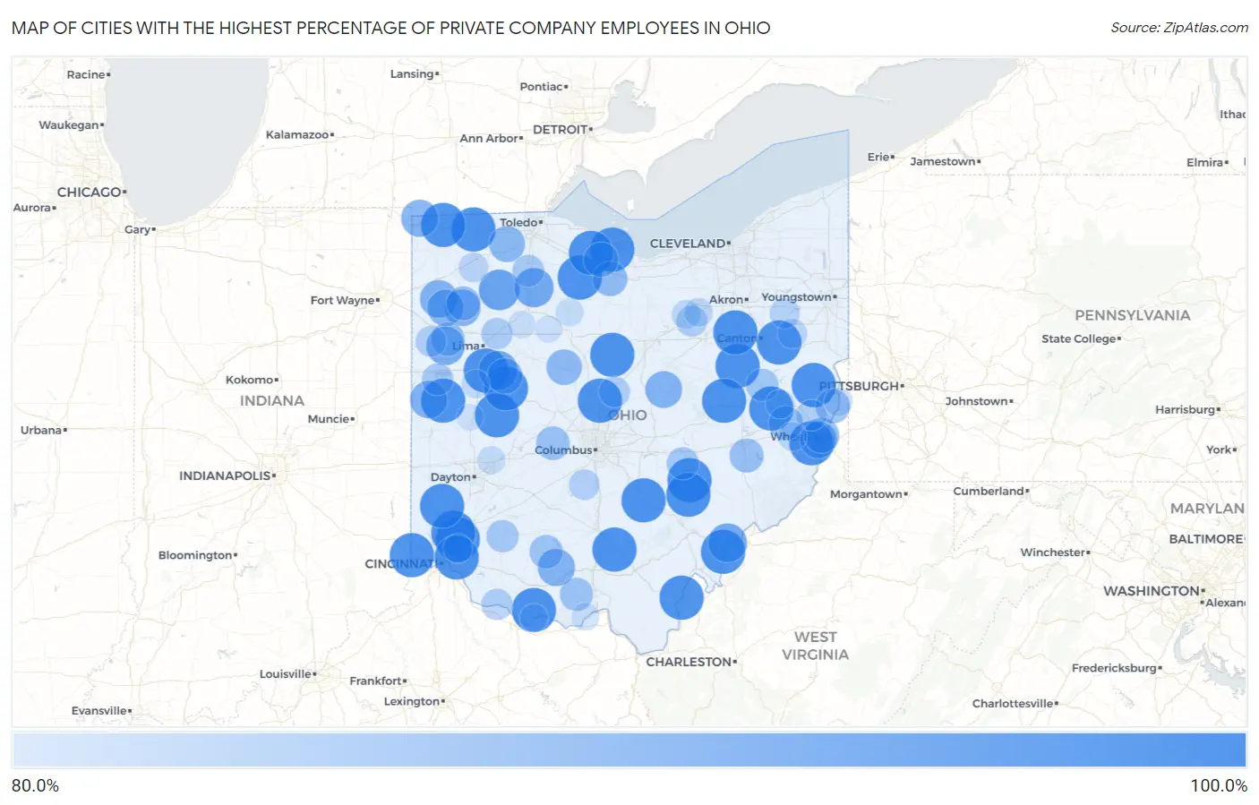 Cities with the Highest Percentage of Private Company Employees in Ohio Map