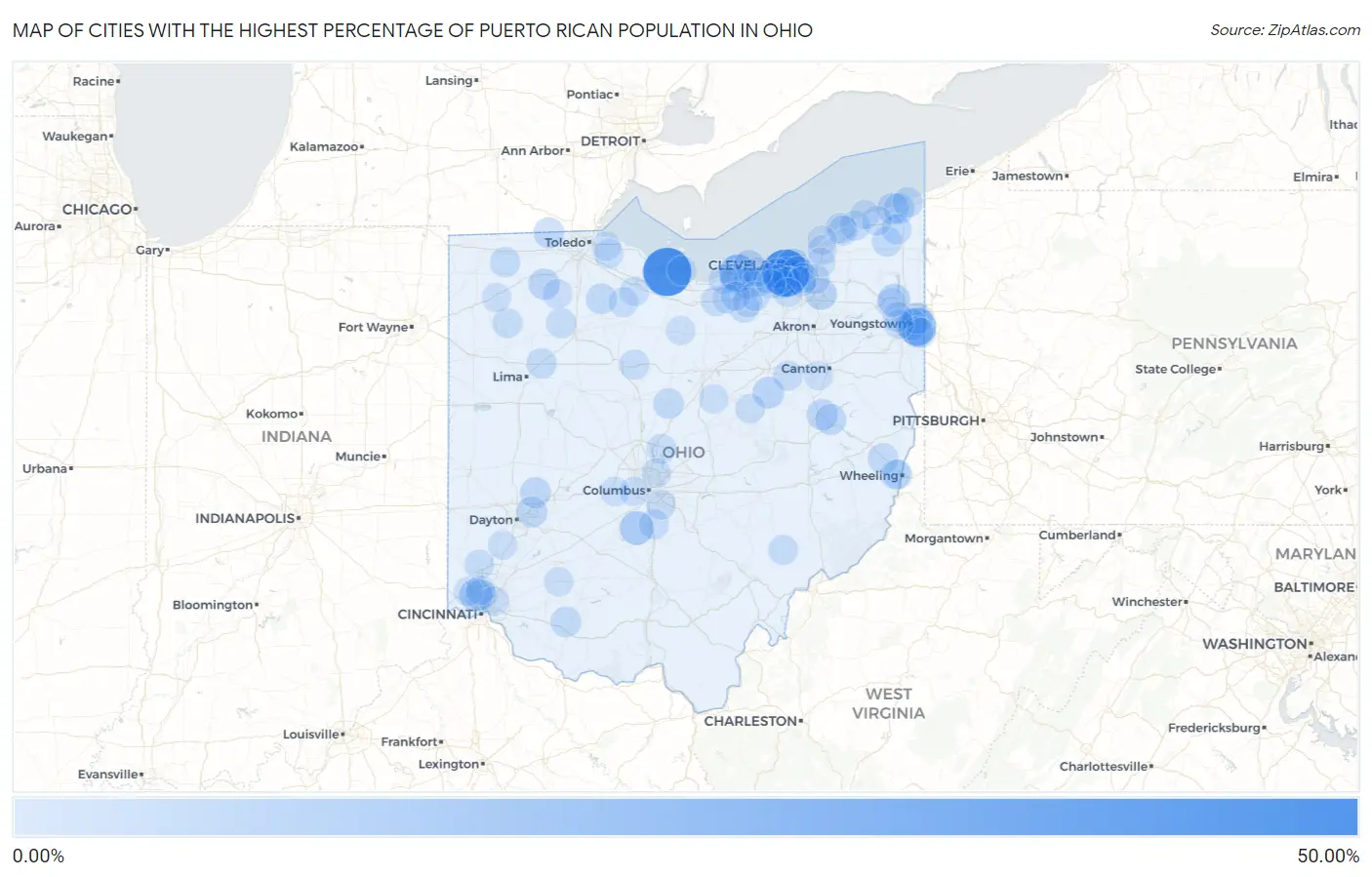 Cities with the Highest Percentage of Puerto Rican Population in Ohio Map