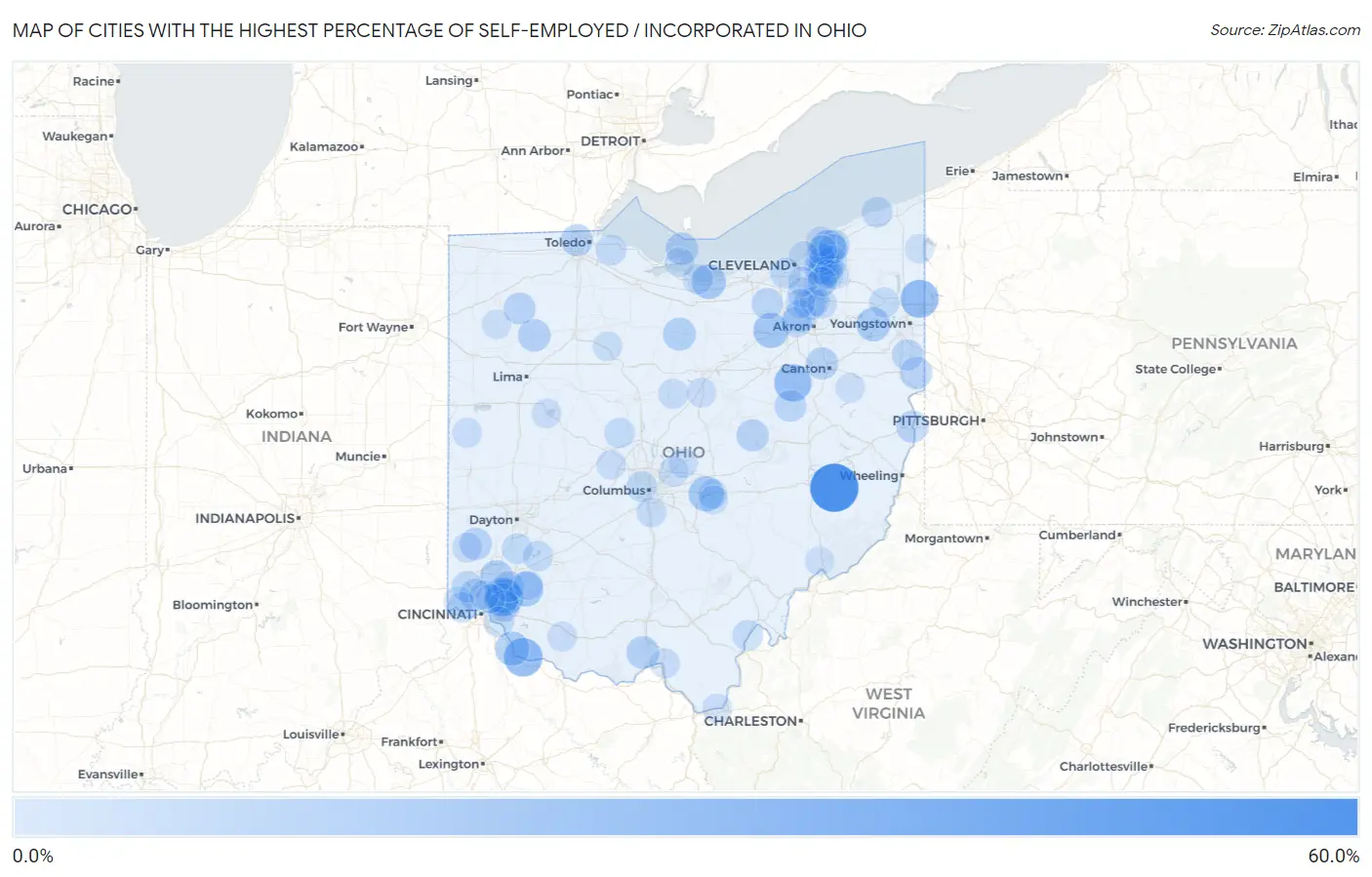 Cities with the Highest Percentage of Self-Employed / Incorporated in Ohio Map