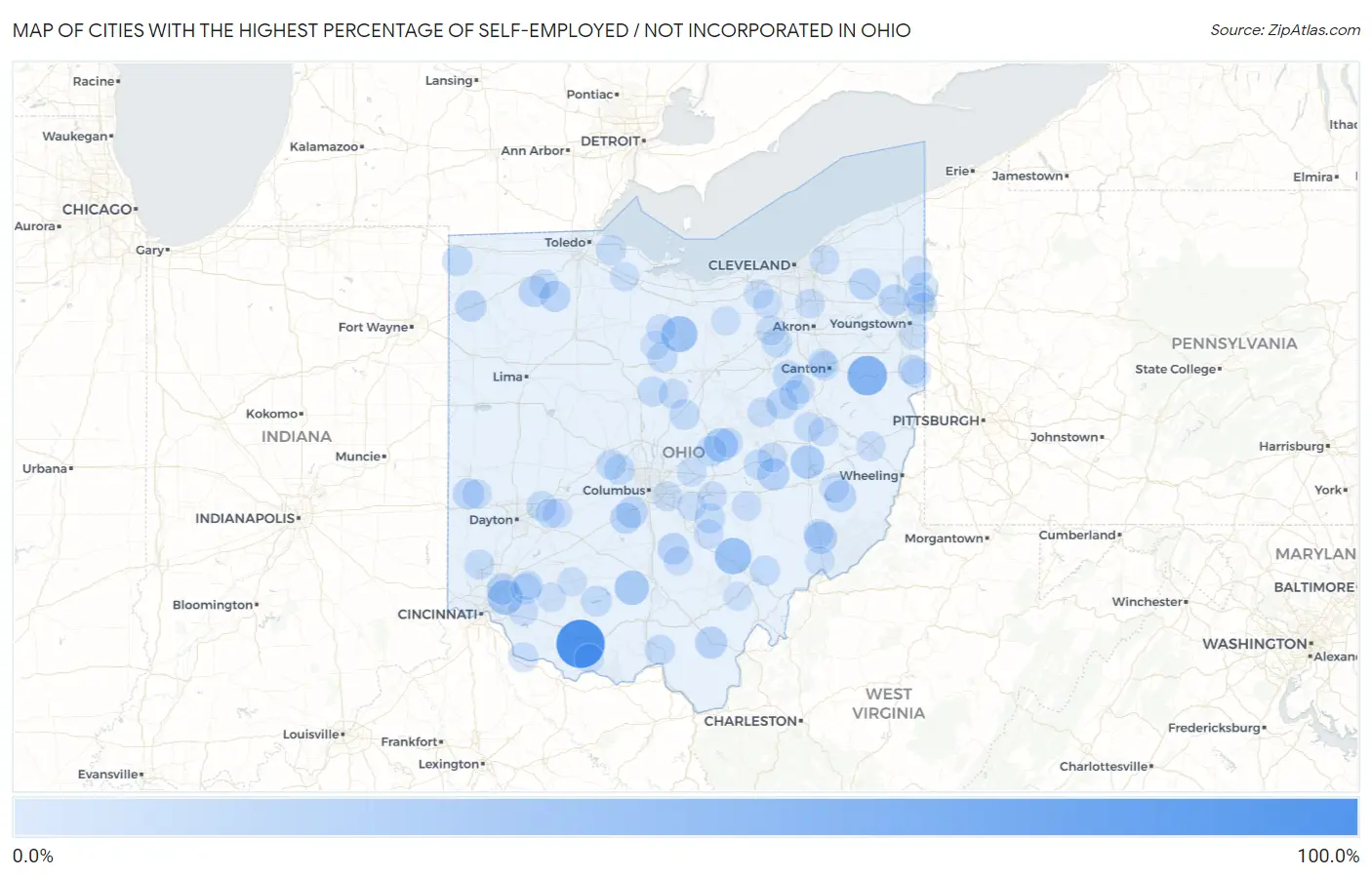 Cities with the Highest Percentage of Self-Employed / Not Incorporated in Ohio Map