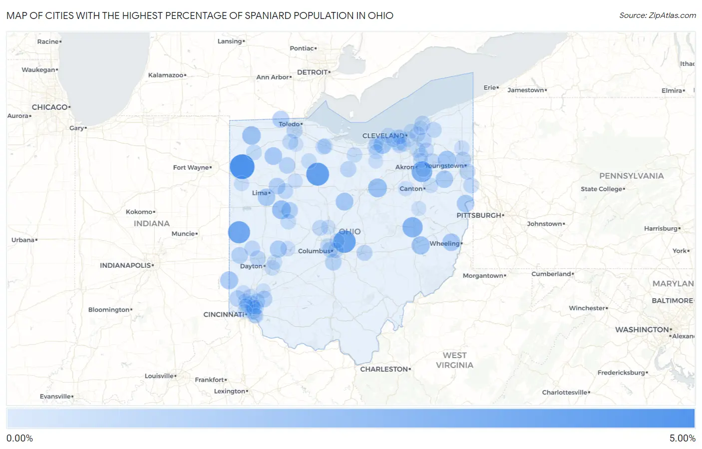 Cities with the Highest Percentage of Spaniard Population in Ohio Map