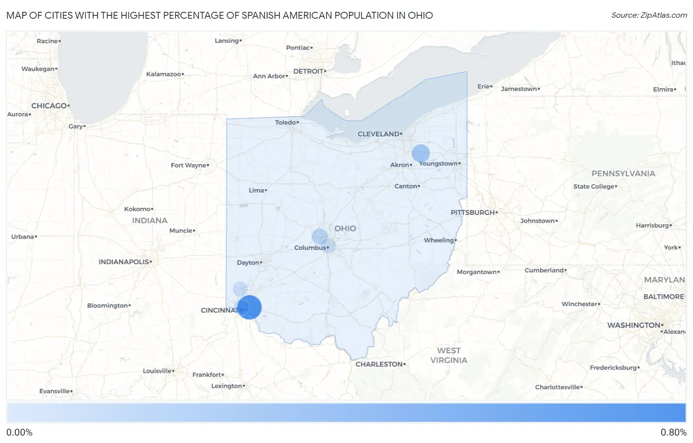 Cities with the Highest Percentage of Spanish American Population in Ohio Map