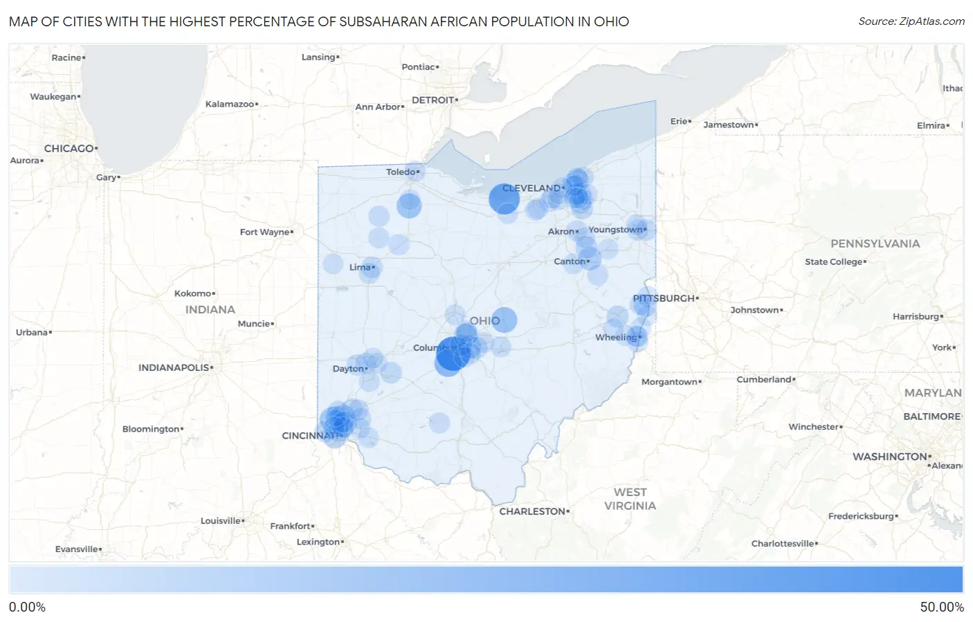 Cities with the Highest Percentage of Subsaharan African Population in Ohio Map
