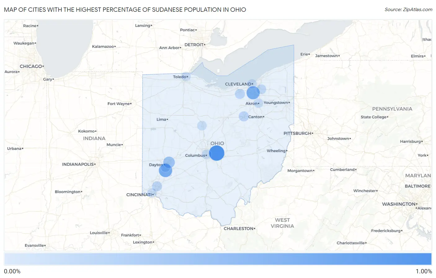 Cities with the Highest Percentage of Sudanese Population in Ohio Map